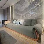 Light Green Velvet Sofa Set with Natural Wood Veneer & Polished Stainless Steel Legs